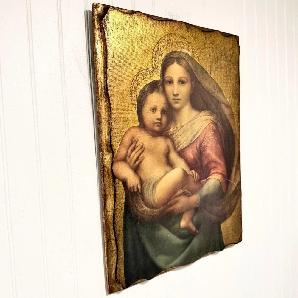 Vintage Italian Florentine Raphael Sistine Madonna Child Gold Gilt Wall Plaque